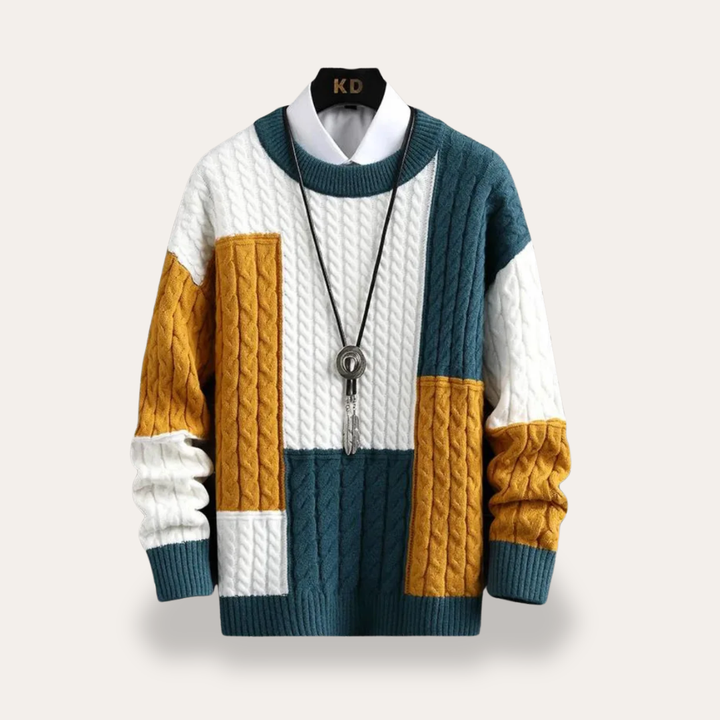 Herren Strickpullover Rundhals Patchwork Zopfmuster | Vestea