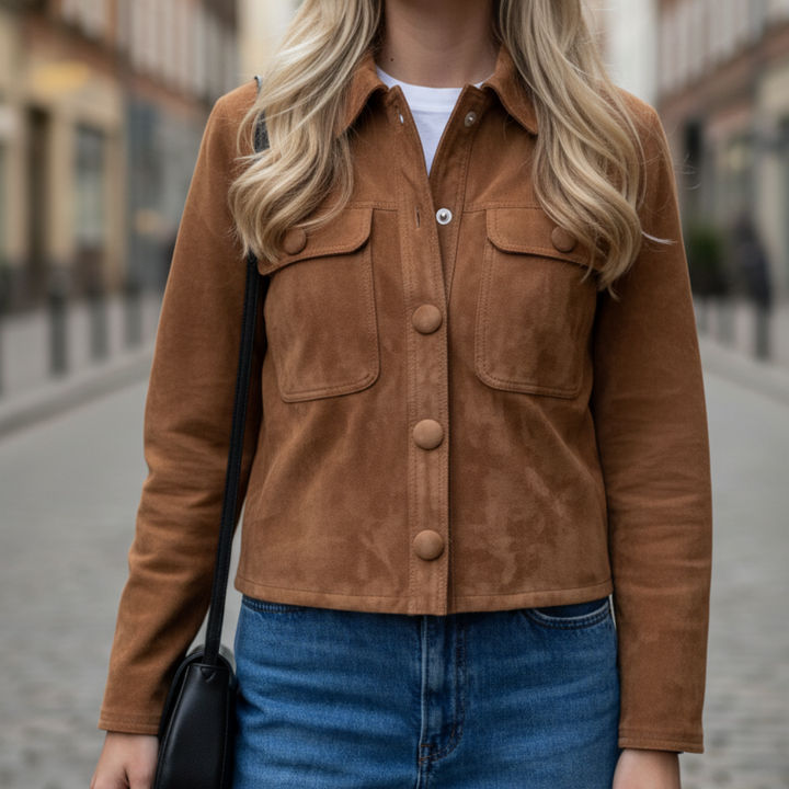 Damen Kurzjacke aus Wildlederoptik mit Knopfleiste und Brusttaschen | Vestea