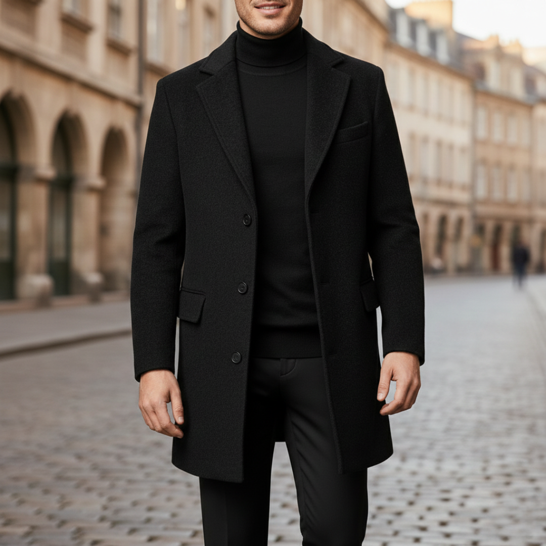 Men's Wool Coat Woven Fabric Knee-Length Black | Vestea