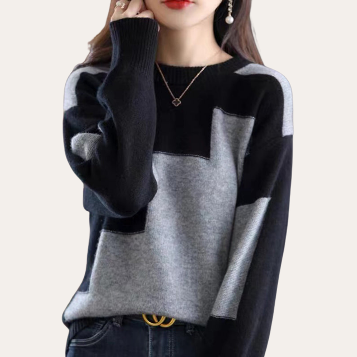 Damen Pullover Strick Langarm Rundhals Patchwork Design Wollmischung | Vestea
