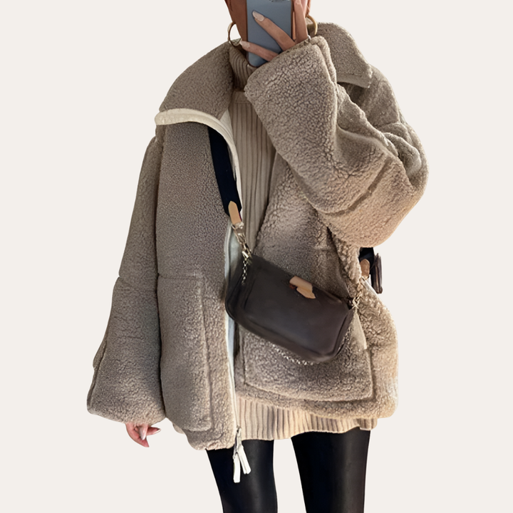 Damen Oversize Kuscheljacke Wintermantel Beige | Vestea