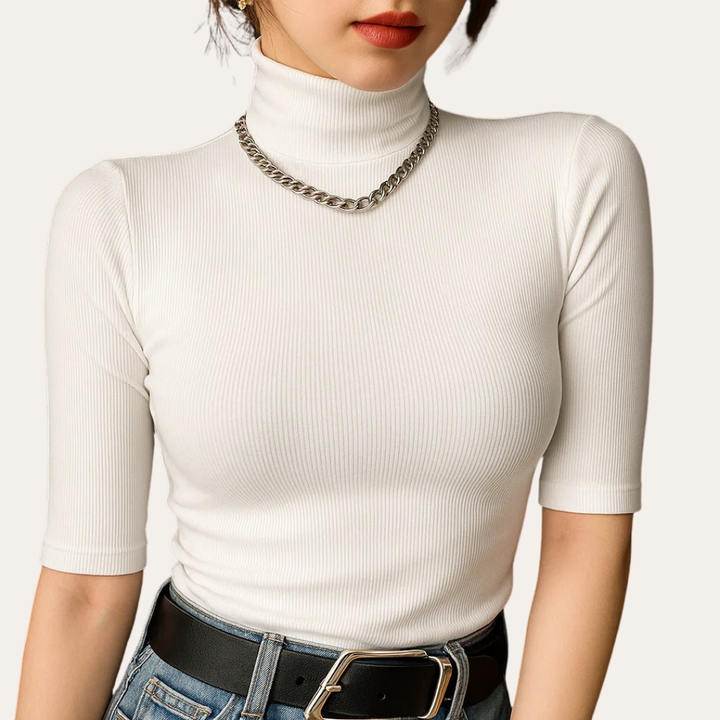 Rippenstrick Rollkragen Top Damen Slim Fit Halbarm | Vestea