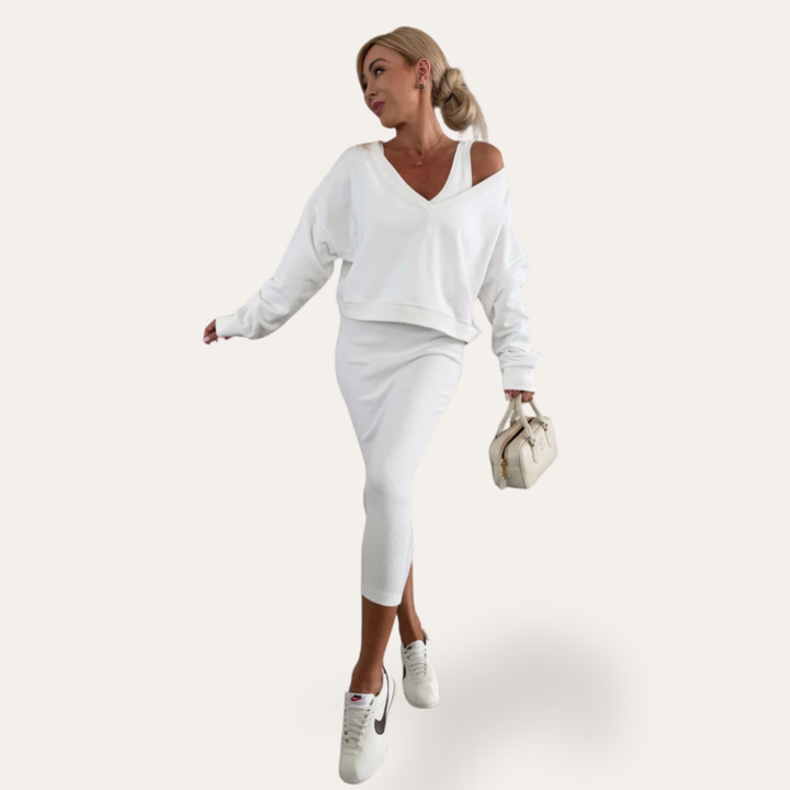 Damen Zweiteiler Langarm Pullover mit Midirock | Vestea