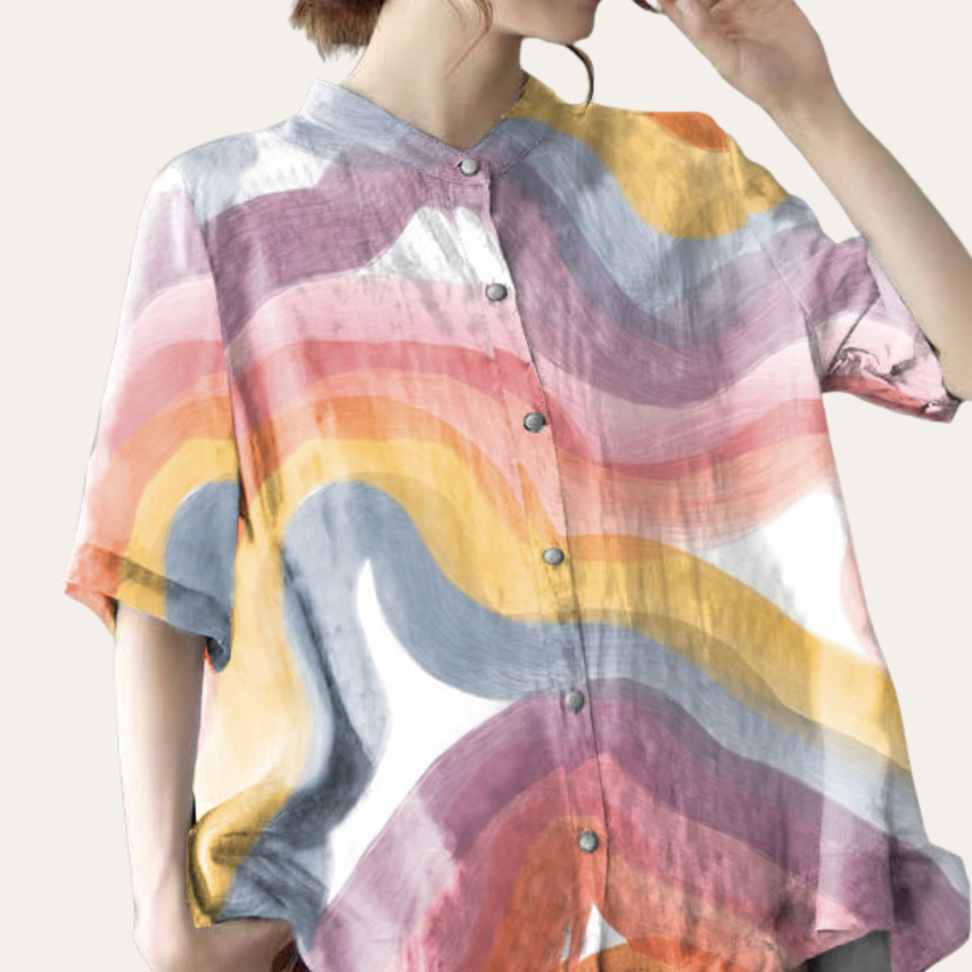 Damen Sommer Leinenbluse Print Kurzarm Stehkragen | Vestea