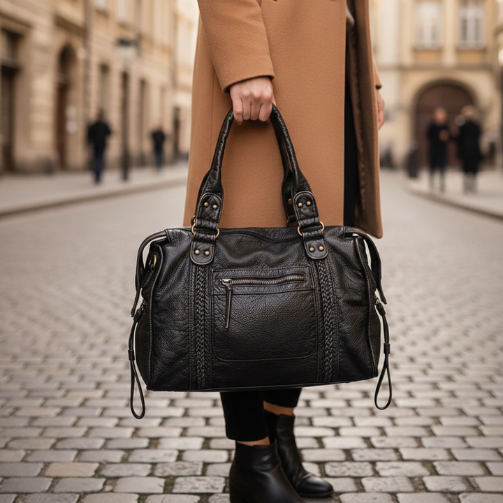 Bolso de mano tipo bandolera de cuero con bolsillos con cremallera trenzados negro para mujer