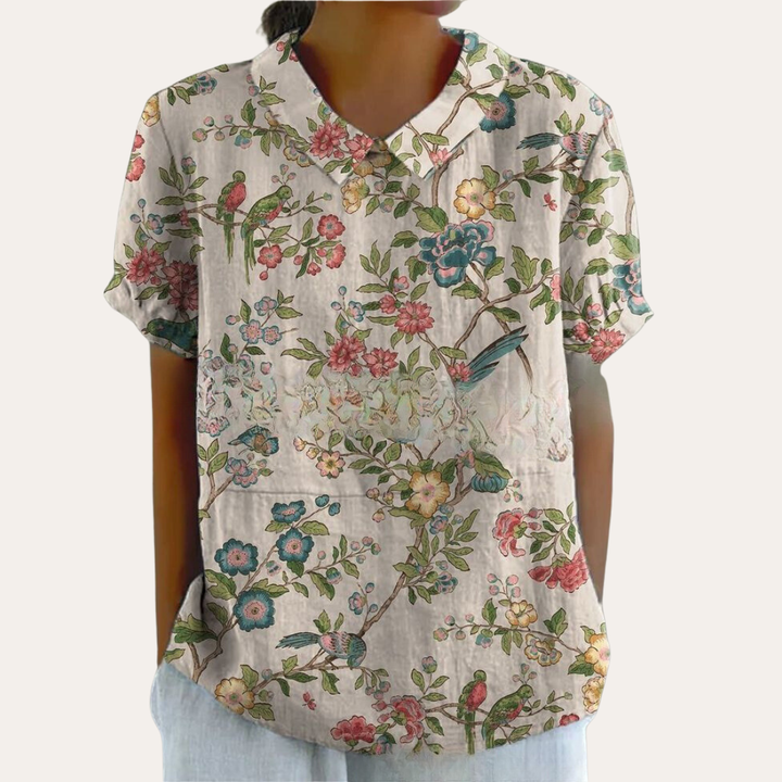 Damen Bluse mit Blumenmuster und Kragen Sommeroberteil | Vestea