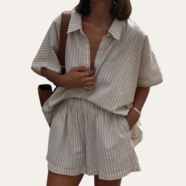 Damen Gestreift Leinen Sommer Set | Vestea