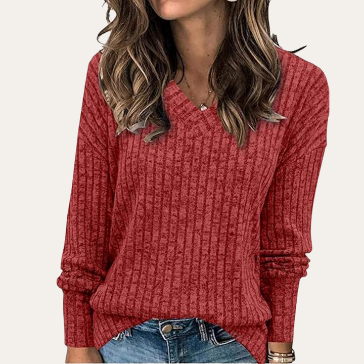 Damen Strickpullover V-Ausschnitt Langarm Rippmuster Freizeitshirt | Vestea