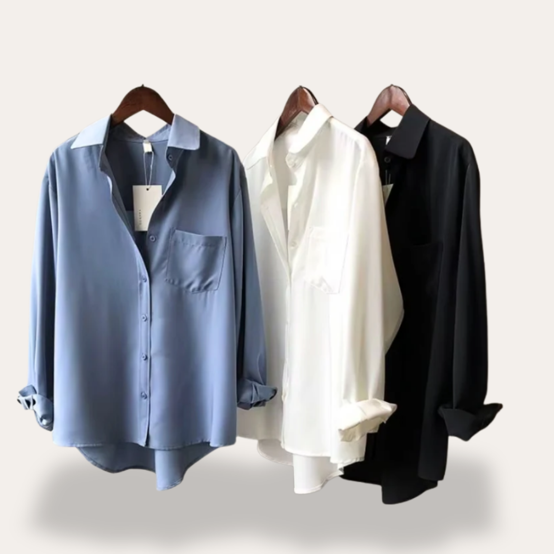 Damen Bluse Langarm mit Kragen aus Satinmaterial | Vestea