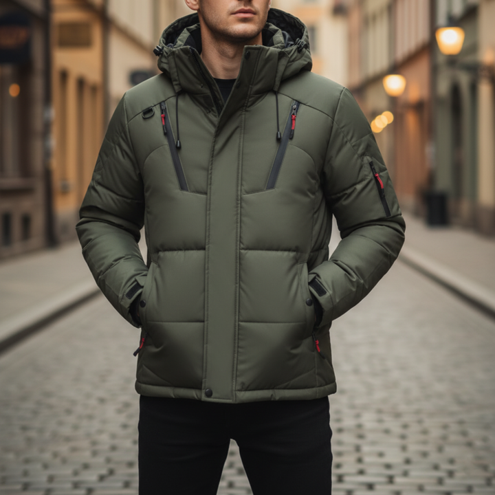 Winter down jacket for men with hood and zipper | Vestea