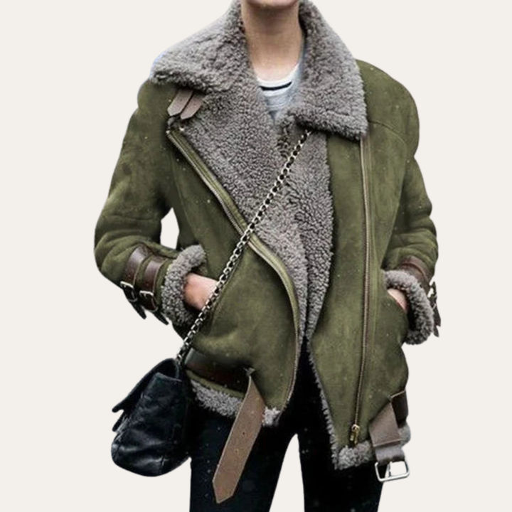 Damen Lammfelljacke Oversized Kunstleder Winterjacke mit Gürtel | Vestea