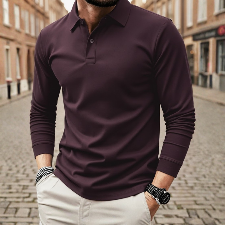 Mens long sleeve polo shirt solid color loose fit polyester fabric