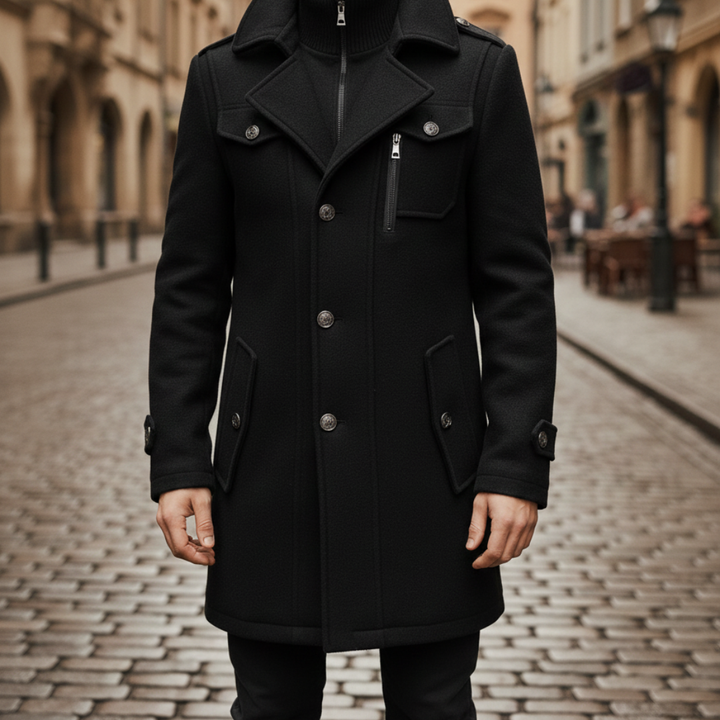 Herren-Wintermantel aus Wolle mit Knöpfen und Reißverschlüssen | Vestea