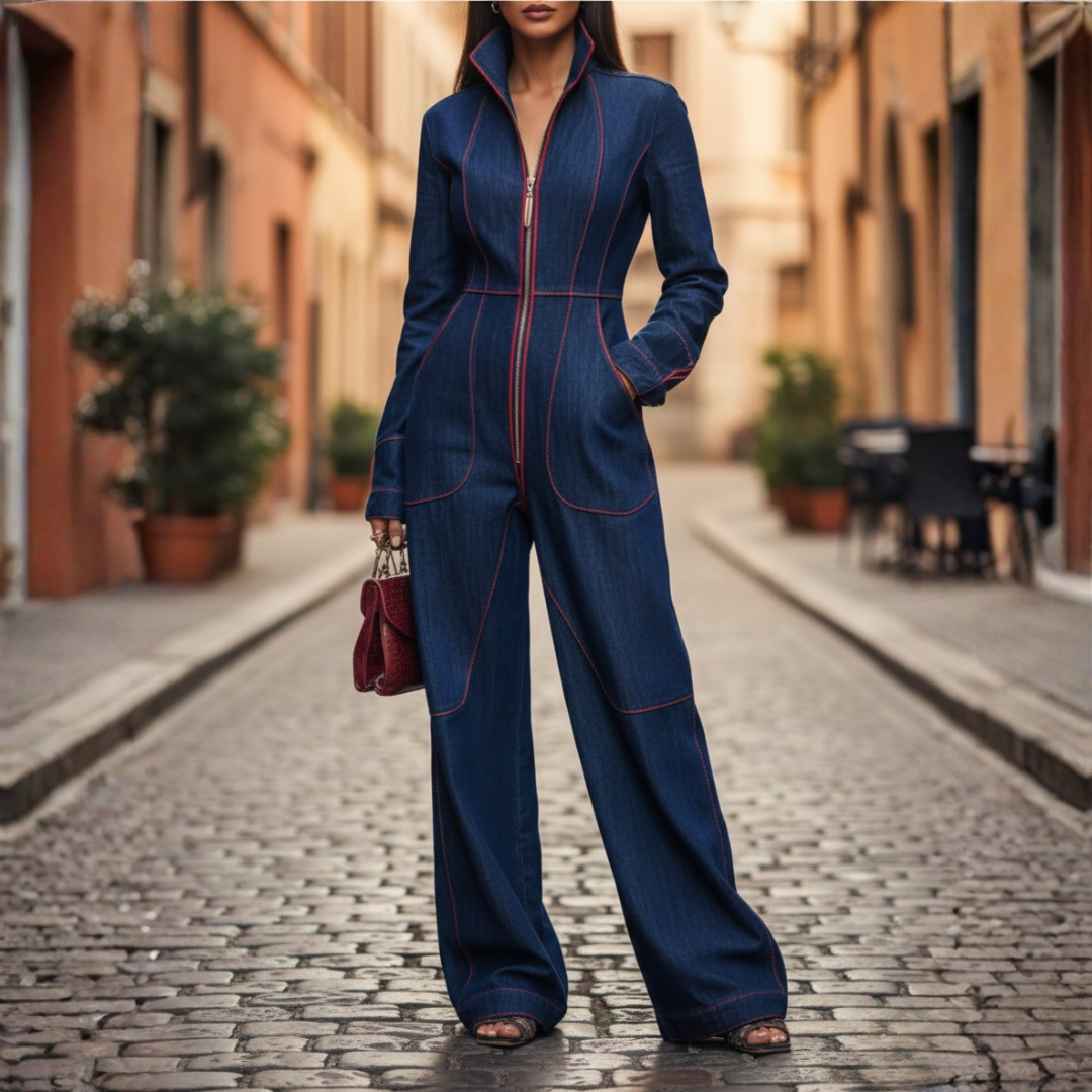 Denim Jumpsuit Long Sleeve Zip Front Wide Leg Women Blue