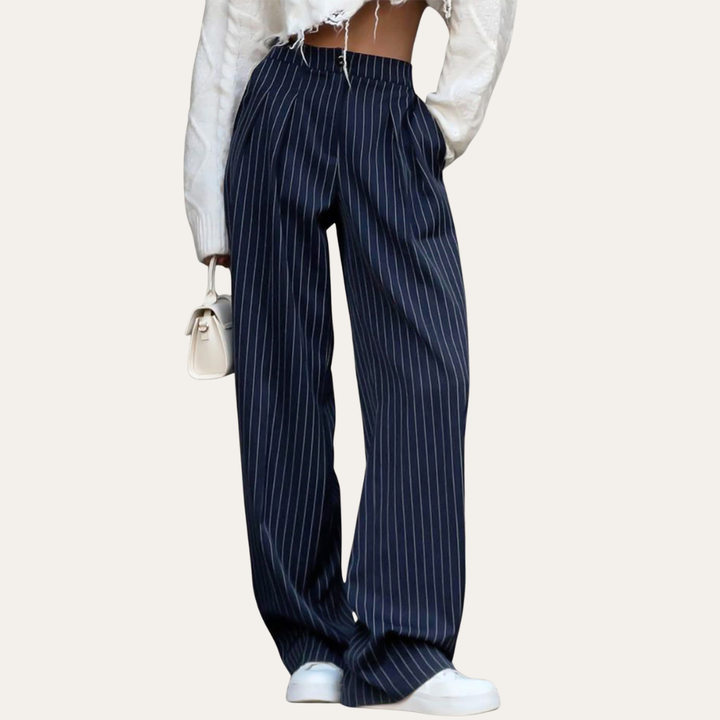 Damen Stoffhose mit Nadelstreifen Weit Bein Lang | Vestea