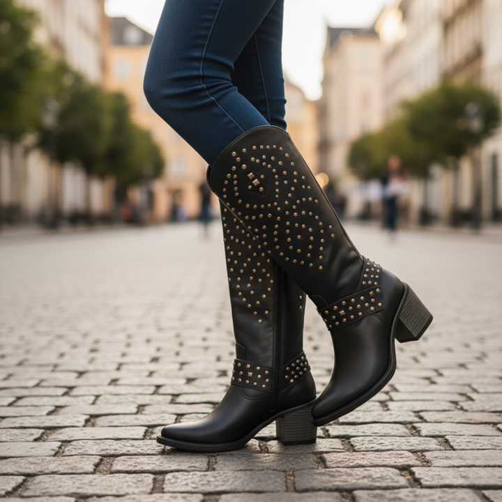 Damen Orthopädische Kniehohe Stiefel mit Nieten | Vestea