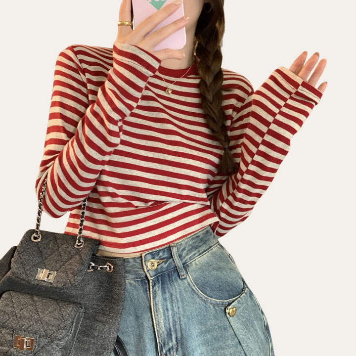 Damen Gestreiftes Langarmshirt Kurz Geschnitten | Vestea