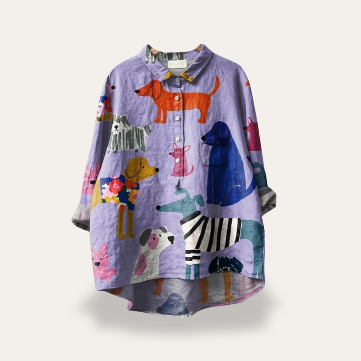 Damen Bluse mit Hunde Motiv Langarm Casual | Vestea