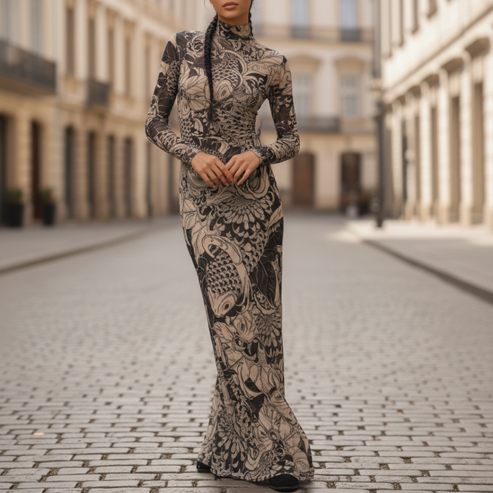 Women’s Tan Graphic Mock Neck Maxi Dress