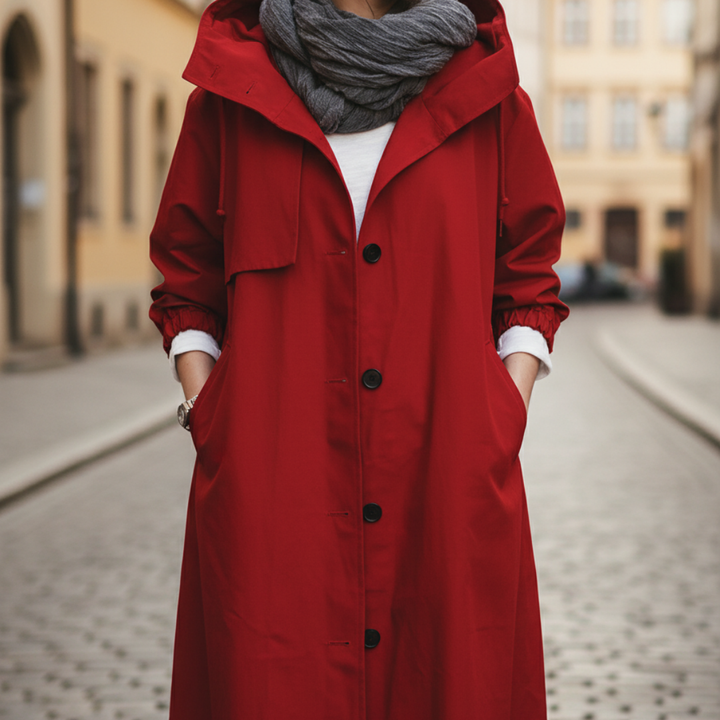 Damen Regenmantel Rot Kapuzenmantel Lang |  Vestea