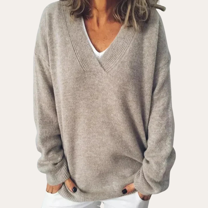 Damen V-Ausschnitt Pullover Lockerer Strick Langarm | Vestea