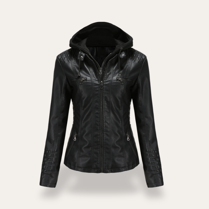 Damen Bikerjacke mit Kapuze Kunstleder Reißverschluss Slim Fit | Vestea