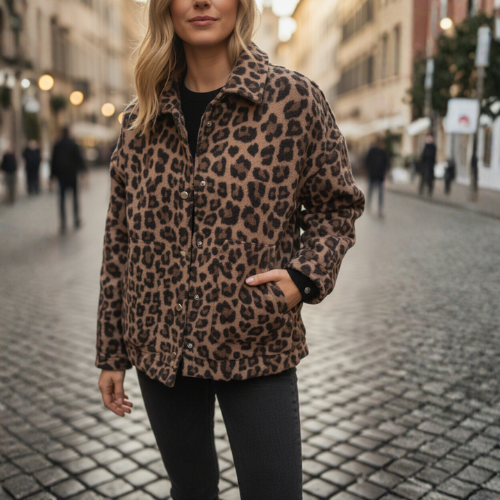 Damenjacke Leopard-Print Shacket aus Wollmischung Oversize | Vestea