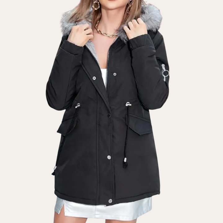 Damen Winterparka mit Kapuze Kunstfell Futter Reißverschluss Taschen | Vestea