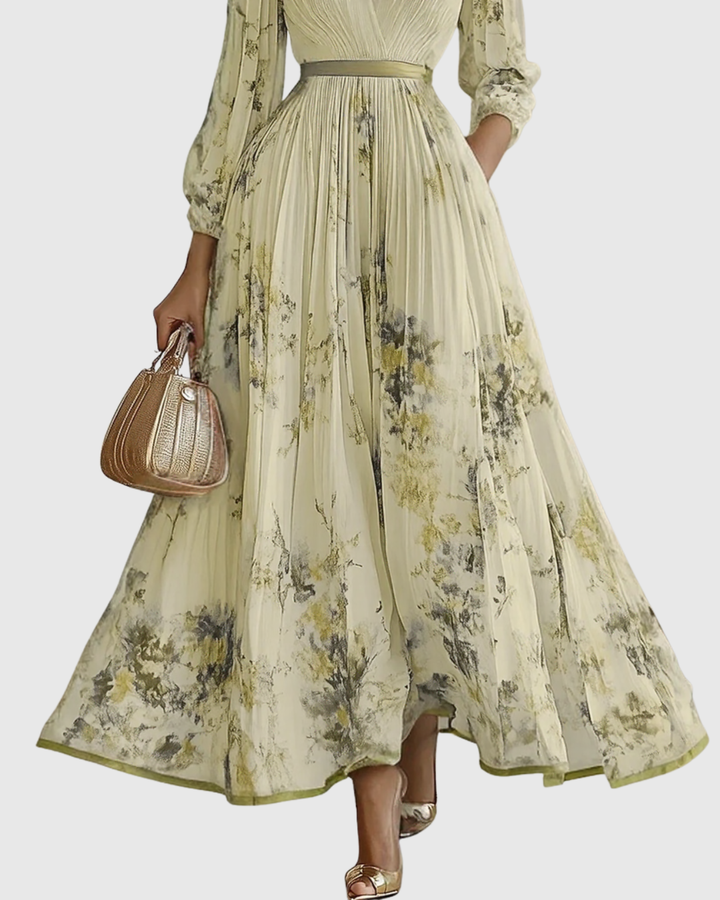 Vestido Maxi para Mujer de Satén Plisado con Escote en V, Manga Larga y Cintura Ajustable