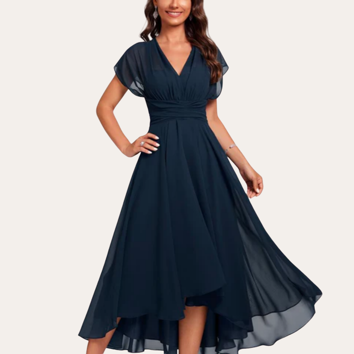 Damen Chiffon Kleid mit V-Ausschnitt und Flügelärmeln  Abendkleid | Vestea