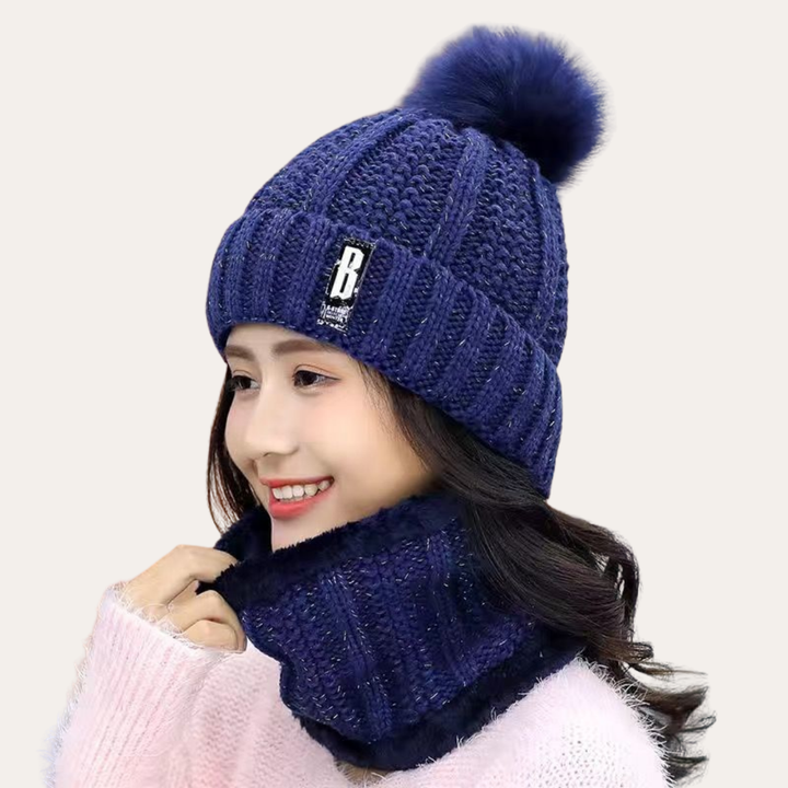 Damen Wintermütze mit Bommel und Strickschal Set | Vestea