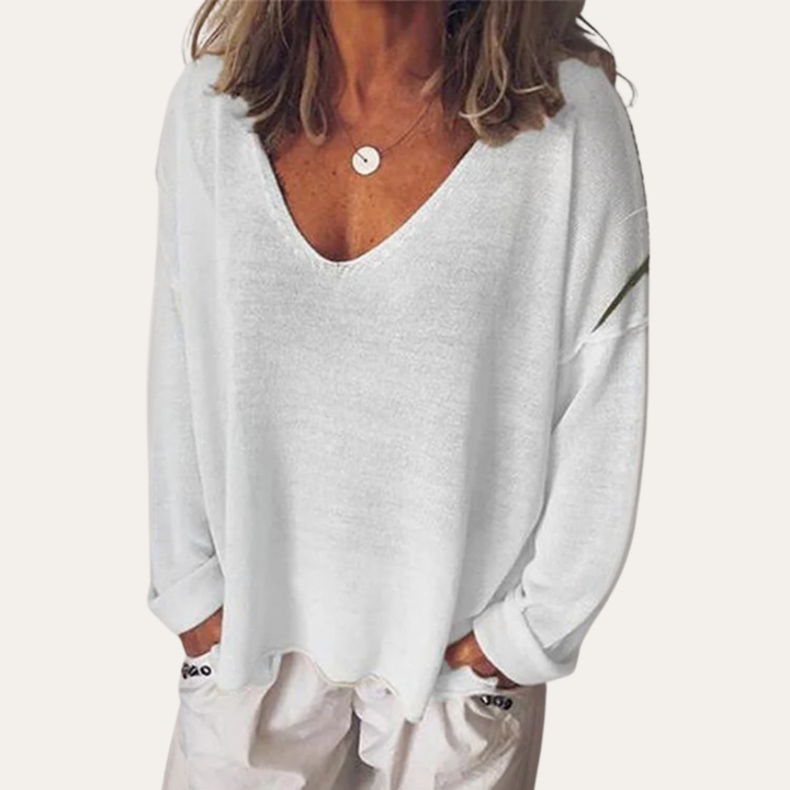 Damen Leinen V-Ausschnitt Langarmshirt Lockerer Schnitt Freizeit | Vestea