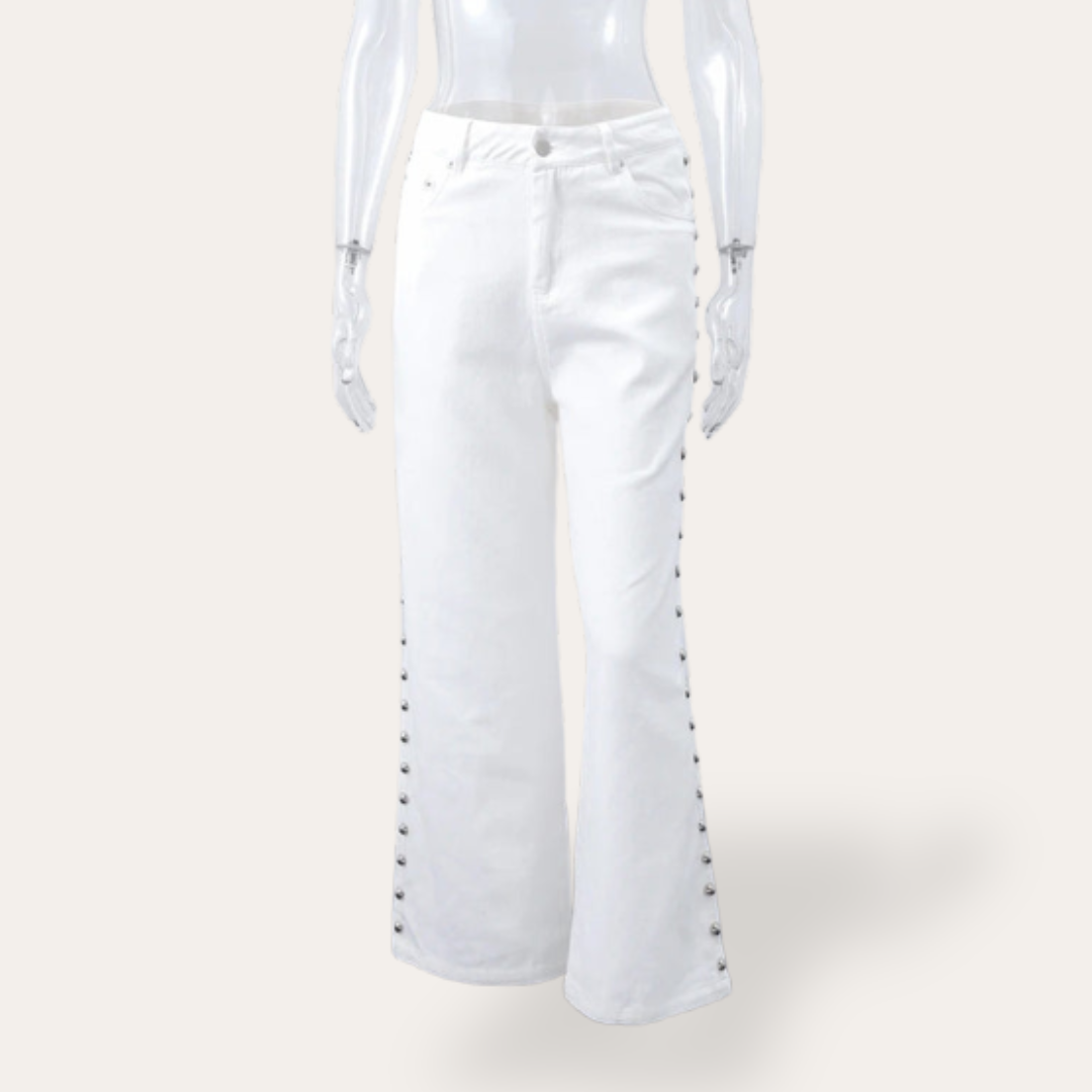 Damen High-Waisted Bootcut Jeans mit Knöpfen an der Seite | Vestea