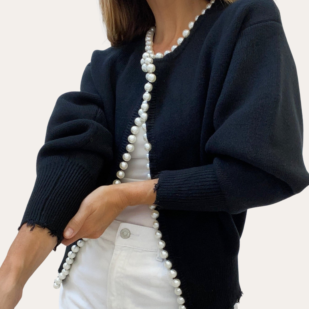Damen Strickjacke mit Perlenbesatz Langarm Cardigan | Vestea