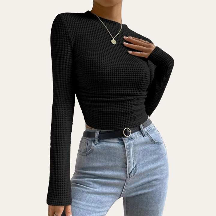 Damen Langarm Crop Top Rippenstrick Figurbetont | Vestea