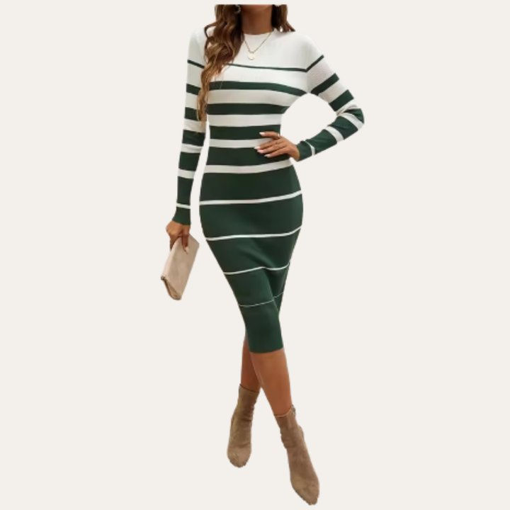 Damen Gestreiftes Langarm Midikleid Figurbetont | Vestea