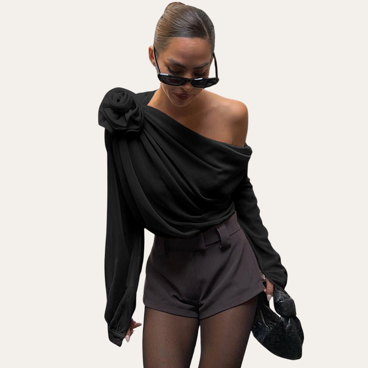Damen Bluse Asymmetrisch Schulterfrei Langarm Chiffon | Vestea