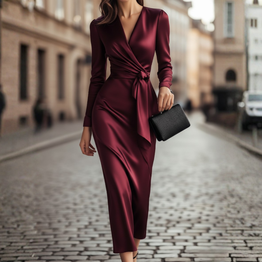 Robe midi portefeuille en satin bordeaux pour femme
