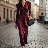 Women Burgundy Satin Wrap Midi Dress