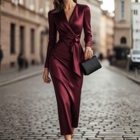 Women Burgundy Satin Wrap Midi Dress
