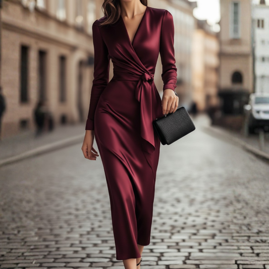 Women Burgundy Satin Wrap Midi Dress