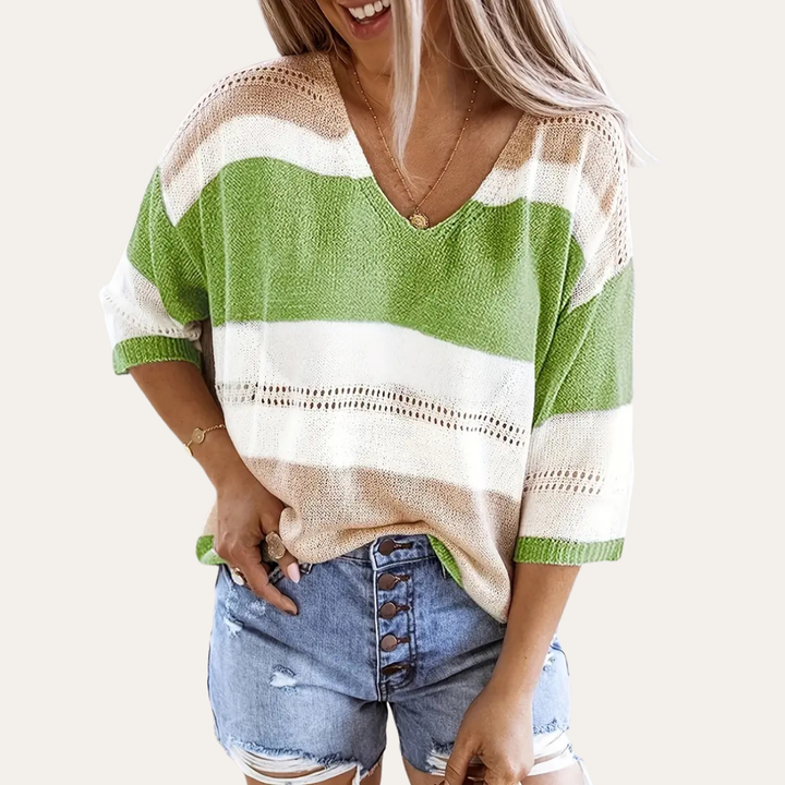 Damen V-Ausschnitt Strickpullover mit Streifenmuster | Vestea