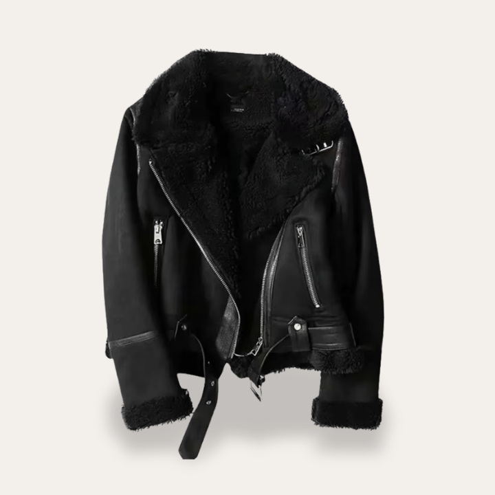 Damen Bikerjacke Kunstleder Teddyfutter Reißverschluss Gürtel | Vestea