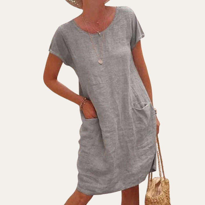 Leinen Sommerkleid mit Taschen Damen Freizeitkleid Kurzarm | Vestea