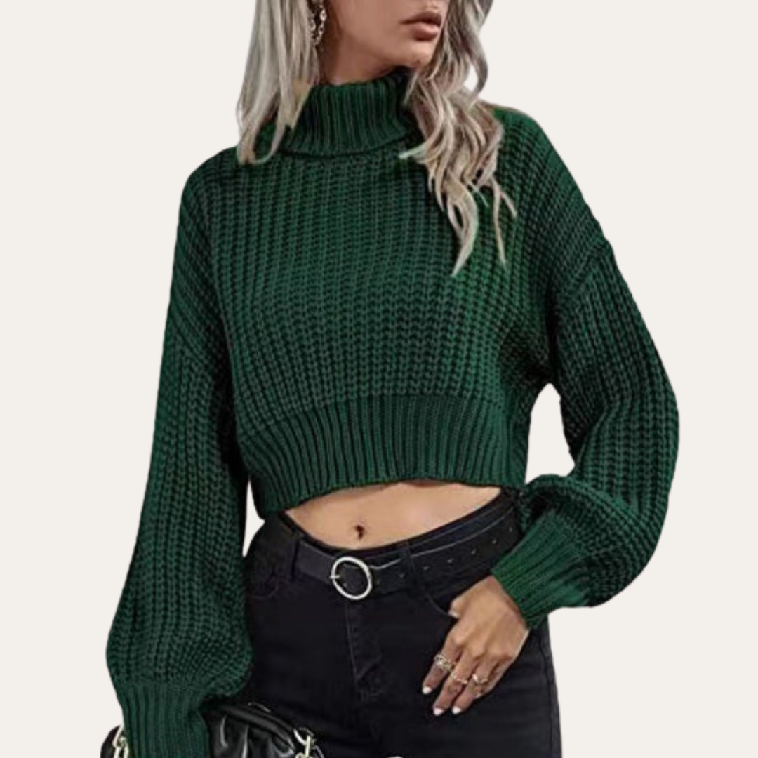 Damen Strickpullover Crop Rollkragen Langarm Grobstrick Acrylmix | Vestea