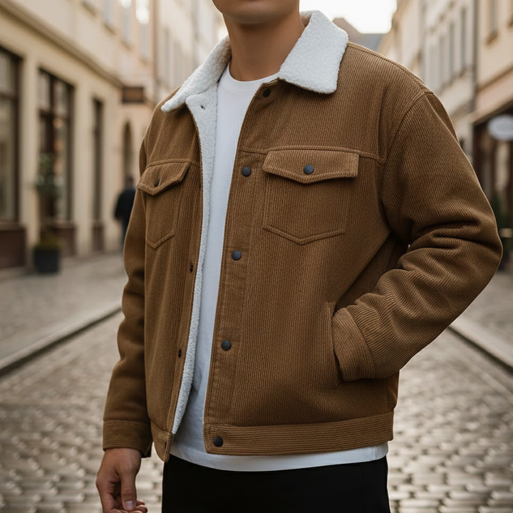 Chaqueta de pana para hombre con botones al frente y cuello vuelto