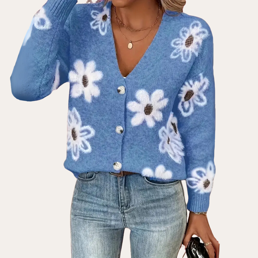 Damen Strickjacke Mixmaterial Blumenmuster | Vestea