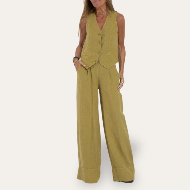 Damen Leinenweste und weite Hose Set Ärmellos Sommer | Vestea