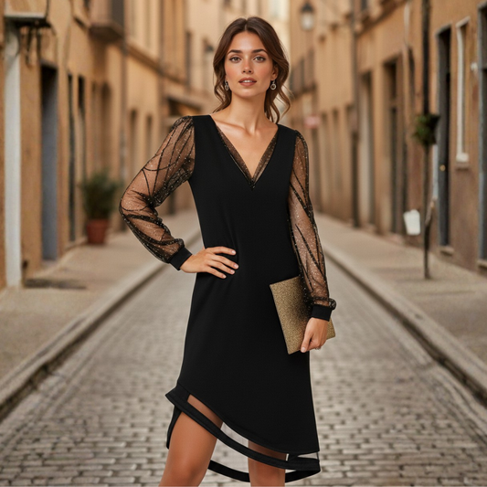 Cocktail Dress V Neck Sheer Sequin Long Sleeve Mesh Womens Black