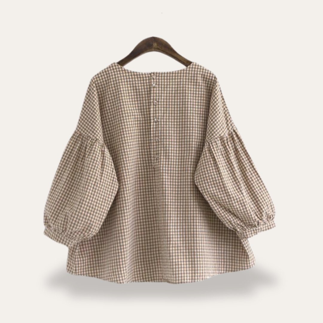 Damen Bluse Oversize Langarm Karomuster Baumwolle Casual Frühling Herbst | Vestea